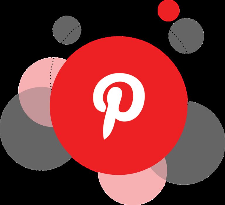 Een rode cirkel met een witte "P" staat in het midden, wat het Pinterest-logo voorstelt. Eromheen staan verschillende overlappende cirkels in tinten rood, roze en grijs op een witte achtergrond.