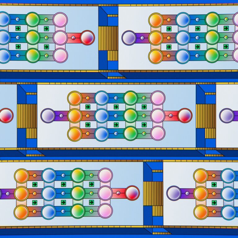 Een geometrisch patroon met rijen van veelkleurige, onderling verbonden cirkels, dat lijkt op een printplaat. De achtergrond is blauw met gele en witte secties, wat een symmetrisch en repetitief ontwerp creëert.