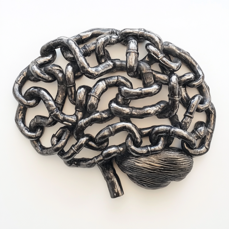 "Chain of Thought" Een sculptuur die een brein afbeeldt, gemaakt van onderling verbonden metalen kettingen, tentoongesteld tegen een effen witte achtergrond. Het beeldhouwwerk bootst de contouren van het brein op ingewikkelde wijze na met een glanzende, metalen afwerking.
