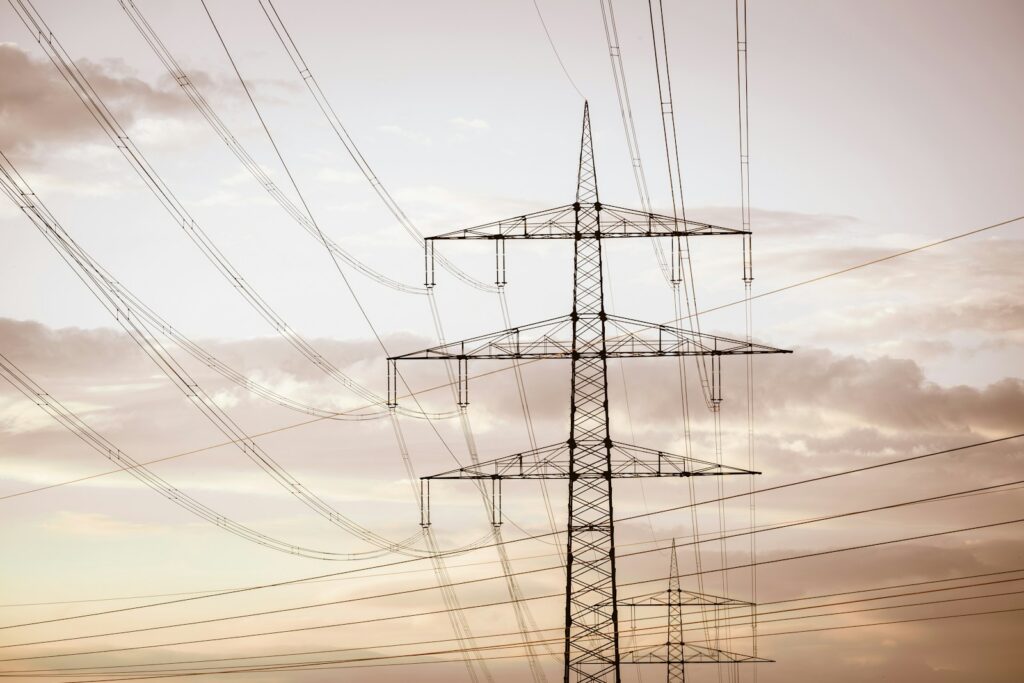 Hoogspanningsleidingen op hoge metalen torens strekken zich uit over de horizon tegen een bewolkte hemel en illustreren de energie-infrastructuur.