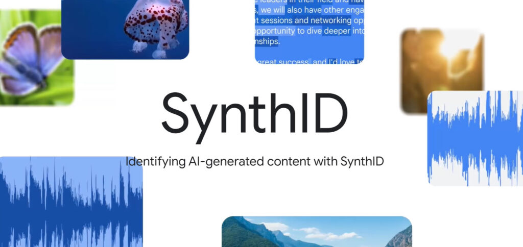 Een afbeelding met de tekst "SynthID: Identificatie van door AI gegenereerde content met SynthID", omringd door afbeeldingen van onder andere een kleurrijke vlinder, een roodgevlekte kikker, een blauwe golfvorm en een landschap met bergen en een heldere lucht.