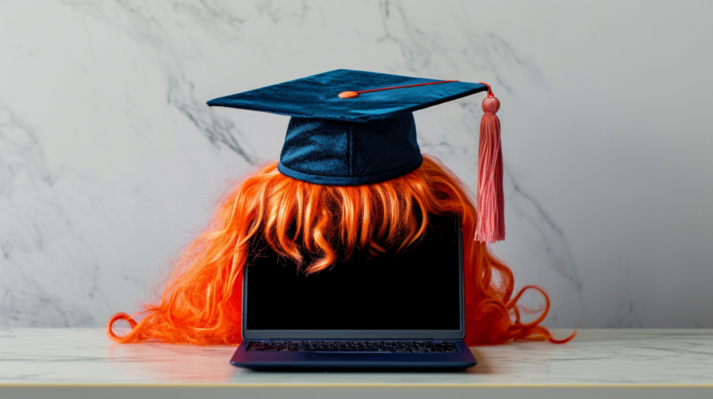 Een laptop is bedekt met een oranje pruik en een afstudeerpet. Het scherm lijkt donker en reflecterend. De achtergrond is een witte marmeren muur.