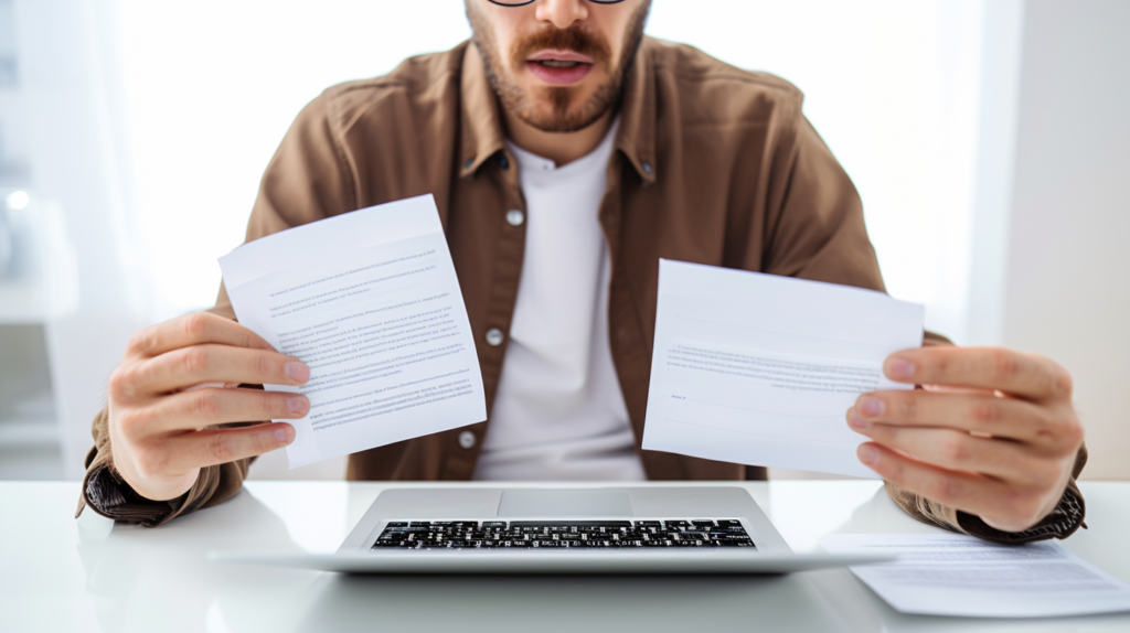 Een persoon zit aan een bureau met twee vellen papier voor een laptop. Het lijkt erop dat de persoon de documenten leest of bekijkt. De achtergrond is helder en licht wazig, waardoor er een geconcentreerde sfeer ontstaat.