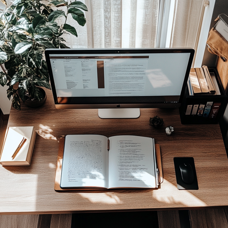 Een werkruimte met een computer die een document weergeeft, een open boek met aantekeningen, een kleine potplant, een houten doos met een pen, een muis en een organizer met bestanden. Zonlicht stroomt door een raam, waardoor een goed verlichte atmosfeer ontstaat.
