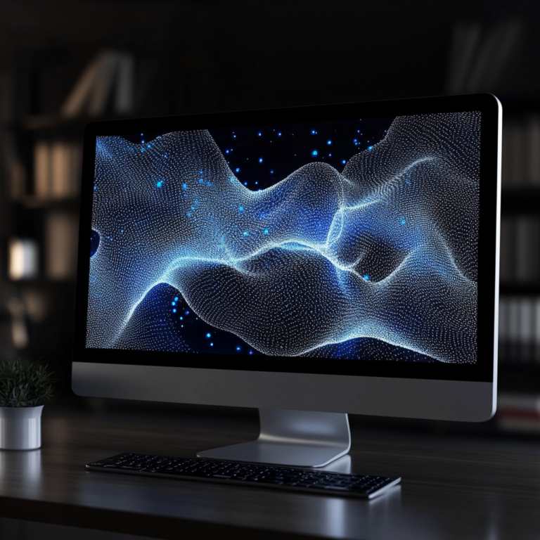 Een computermonitor op een bureau toont een digitale weergave van een vloeiende, golfachtige structuur die bestaat uit onderling verbonden stippen en lijnen tegen een donkere achtergrond. Een toetsenbord staat voor de monitor. Planken zijn wazig op de achtergrond. Vector Embedding.