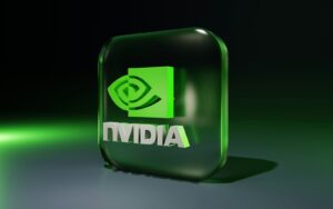 Een 3D-weergave van het NVIDIA-logo, met een gestileerd groen oogsymbool en het woord "NVIDIA" in witte letters. Het logo wordt weergegeven op een transparante, groen getinte vierkante achtergrond. De belichting creëert een gradiënteffect op de achtergrond.