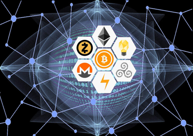 Een afbeelding van verschillende cryptovalutalogo's die met elkaar verbonden zijn door lijnen en knooppunten, met binaire code en abstracte digitale patronen op de achtergrond, die de blockchaintechnologie en digitale valutanetwerken symboliseren.