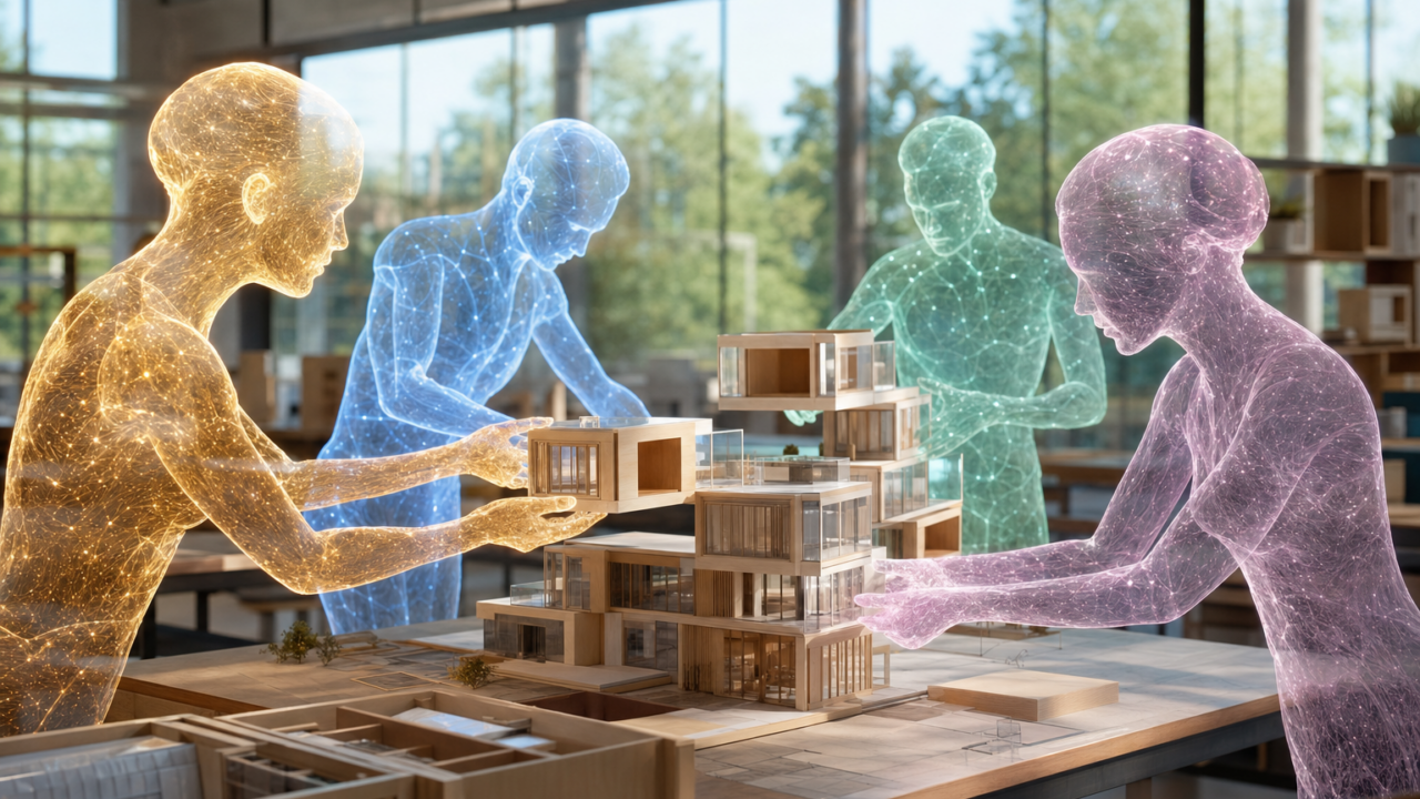Een team van duidelijk kunstmatige, lichtgevende AI-agent-figuren bouwt samen aan een gedeelde modulaire structuur in een open, glazen studio.
