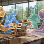 Een team van duidelijk kunstmatige, lichtgevende AI-agent-figuren bouwt samen aan een gedeelde modulaire structuur in een open, glazen studio.