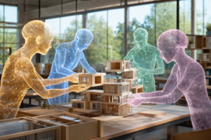 Een team van duidelijk kunstmatige, lichtgevende AI-agent-figuren bouwt samen aan een gedeelde modulaire structuur in een open, glazen studio.